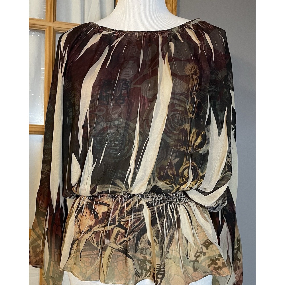 NY Collection Women's Blouse M Beige Floral Elastic Waist Long Sleeves USA Made
